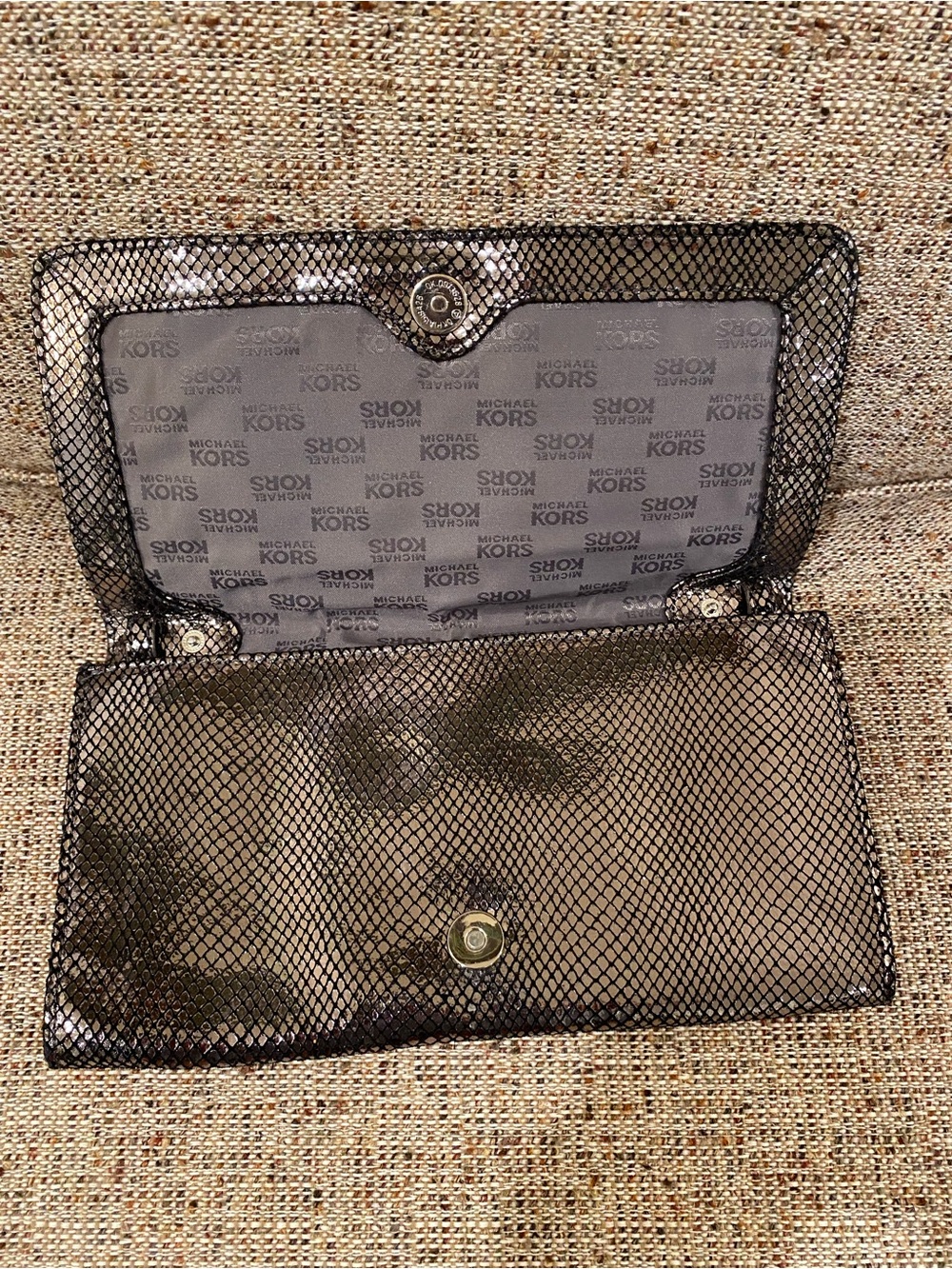 Vintage Brand New MK Black Metallic Snakeskin-Effect Clutch with Silver Buckle - Picture 9 of 16